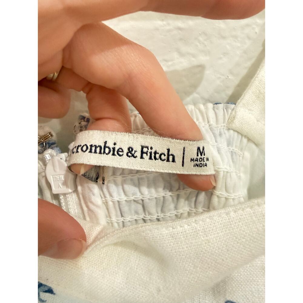 Abercrombie & Fitch Linen Blend Wide Strap Mini Dress White Blue Food Medium - Picture 14 of 16